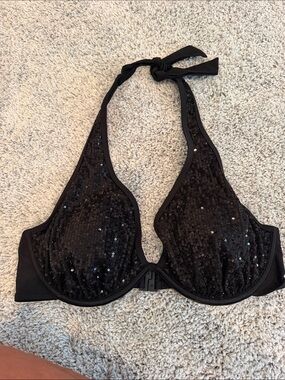 Black Sequin Halter Bra with Underwire Support - Women Intimates